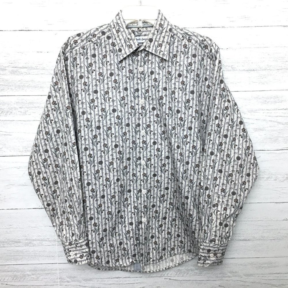 Bullock & Jones Men's Grey and Tan Floral Print Shirt Button Front Long Sleeve M